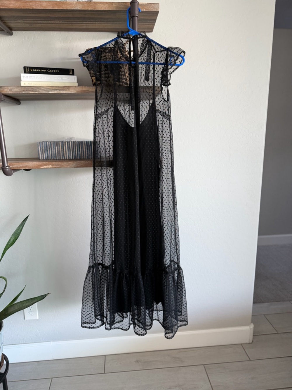 Anthropology Black Sheer Polka-Dot Midi Dress with Slip and Ruffle Hem - Picture 2 of 4